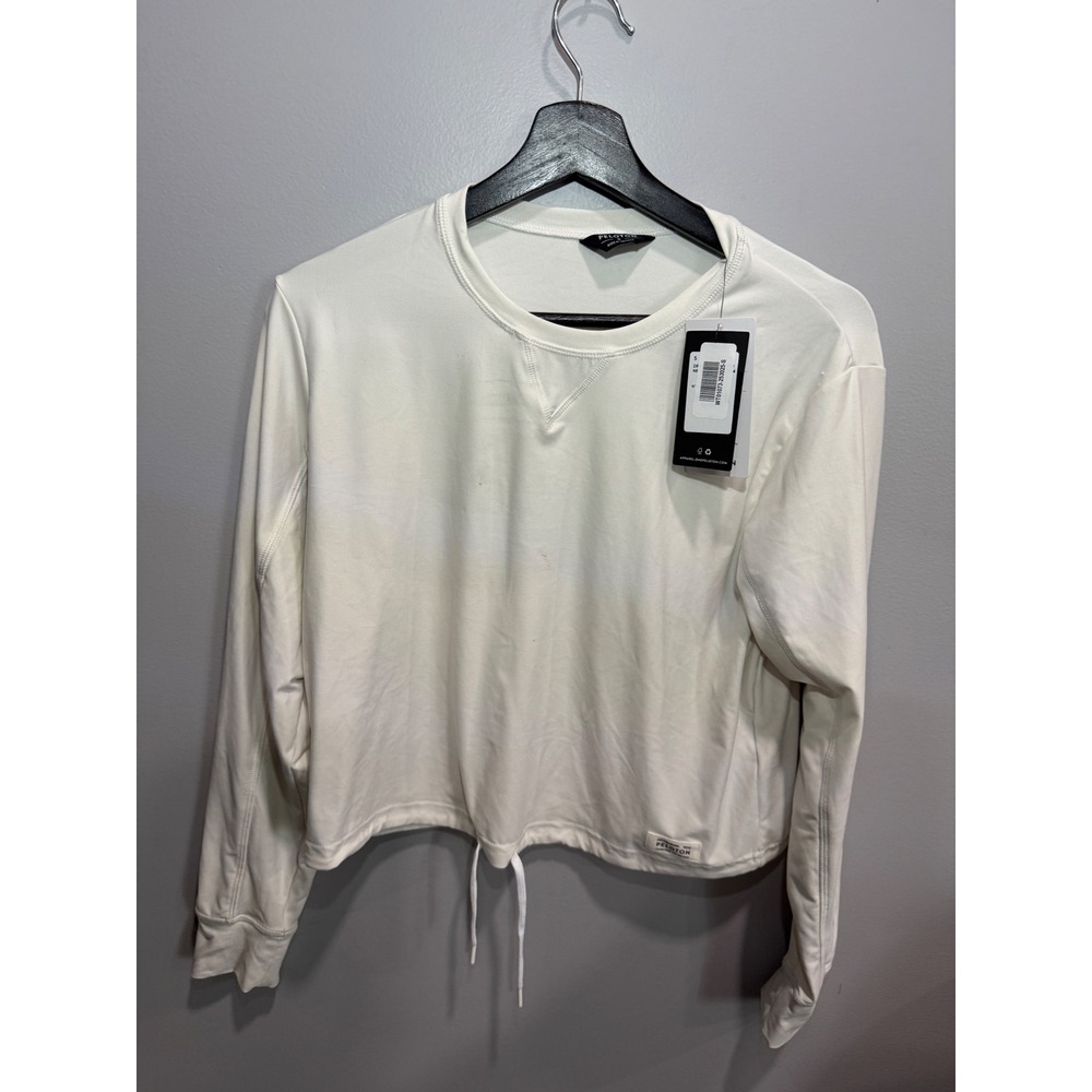 Peloton Womens White Long Sleeve Cropped Drawstring Workout Top WT01073 Small